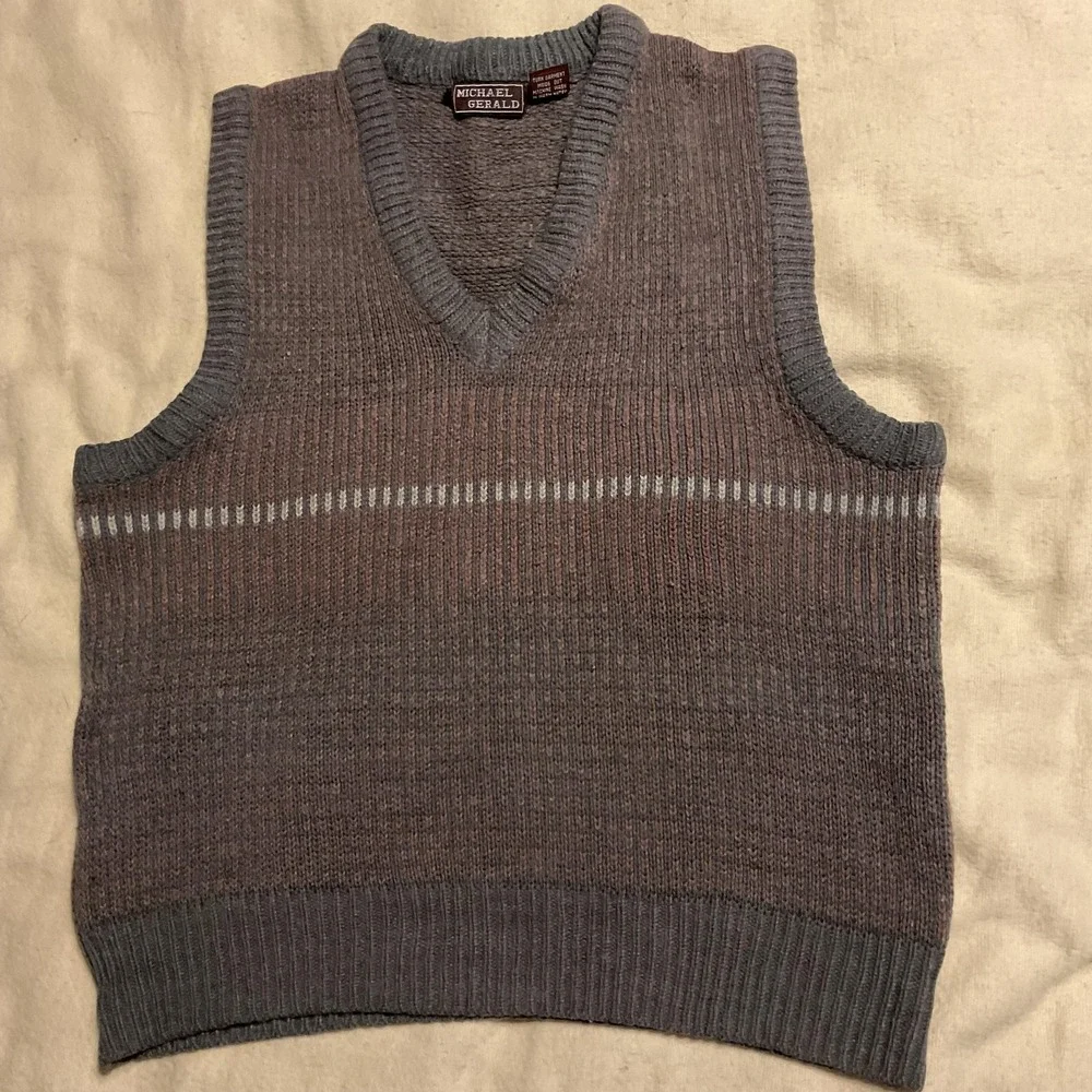 Michael Gerald Sweater Vest Mens Large Gray Striped V Neck Knit Pullover Classic